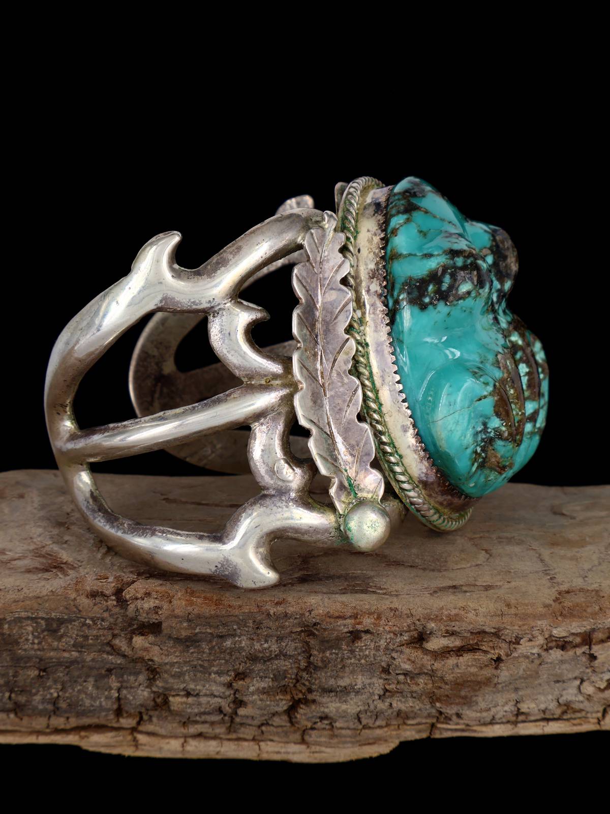 Vintage Estate Sterling Silver Carved Turquoise Frog Bracelet - PuebloDirect.com