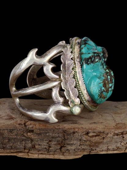 Vintage Estate Sterling Silver Carved Turquoise Frog Bracelet - PuebloDirect.com