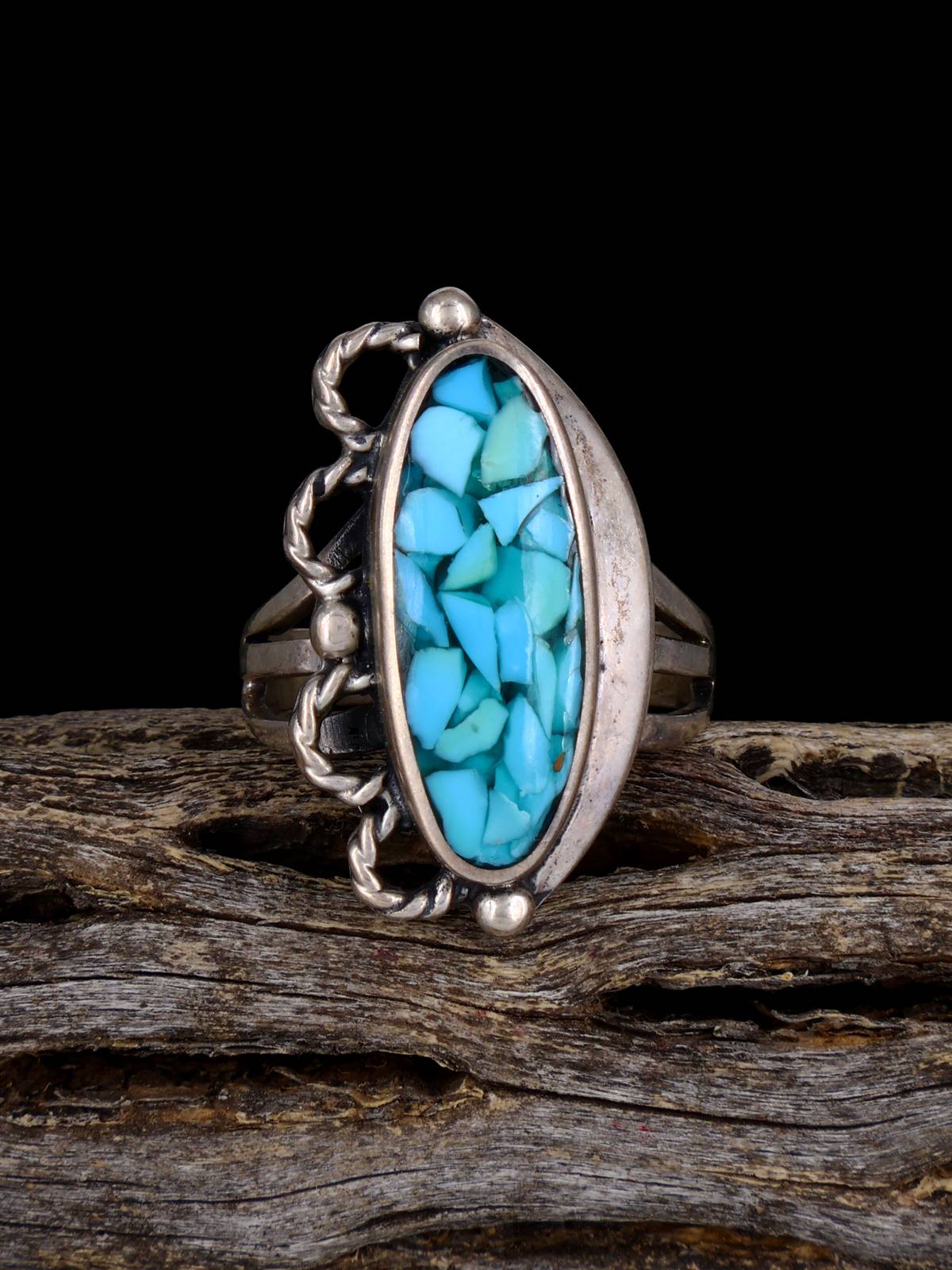 Vintage Sterling Silver Turquoise Chip Inlay Ring, Size 8 - PuebloDirect.com