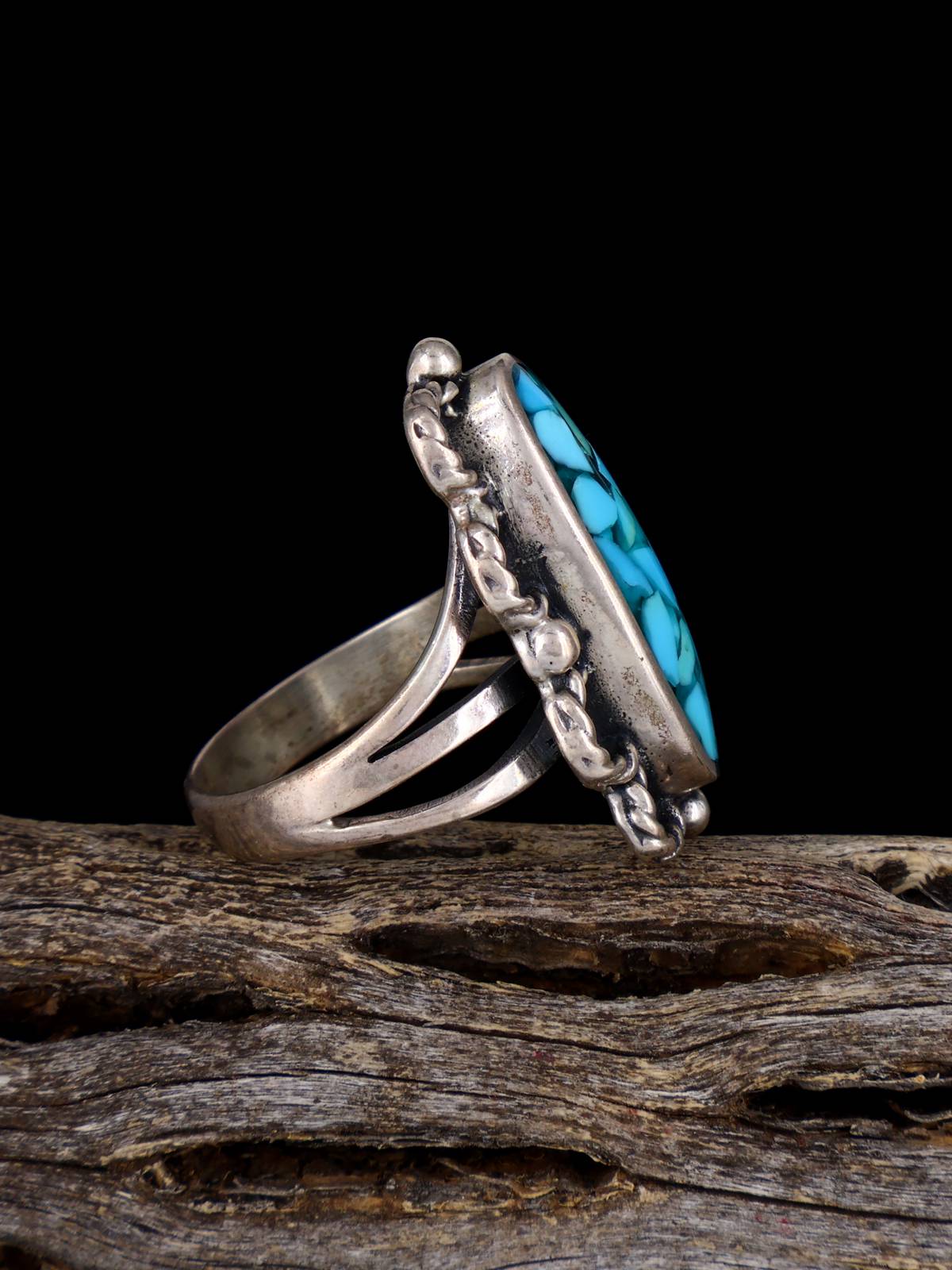 Vintage Sterling Silver Turquoise Chip Inlay Ring, Size 8 - PuebloDirect.com
