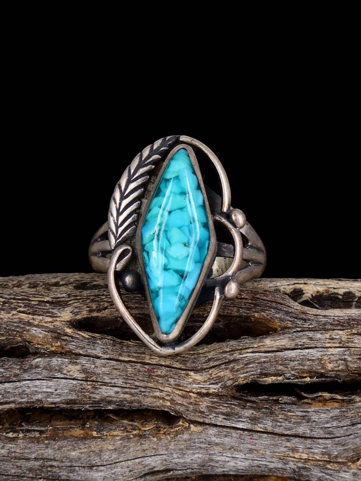 Vintage Sterling Silver Turquoise Chip Inlay Ring, Size 7 1/4 - PuebloDirect.com
