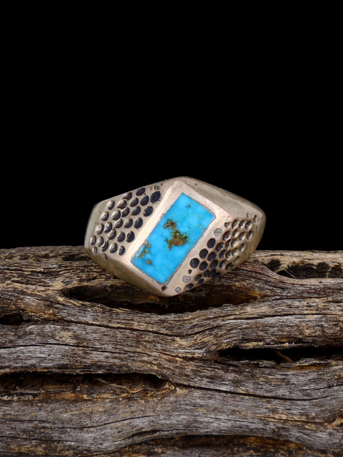 Old Sterling Silver Turquoise Inlay Ring, Size 7 1/2 - PuebloDirect.com
