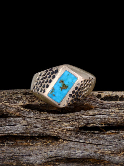 Old Sterling Silver Turquoise Inlay Ring, Size 7 1/2 - PuebloDirect.com
