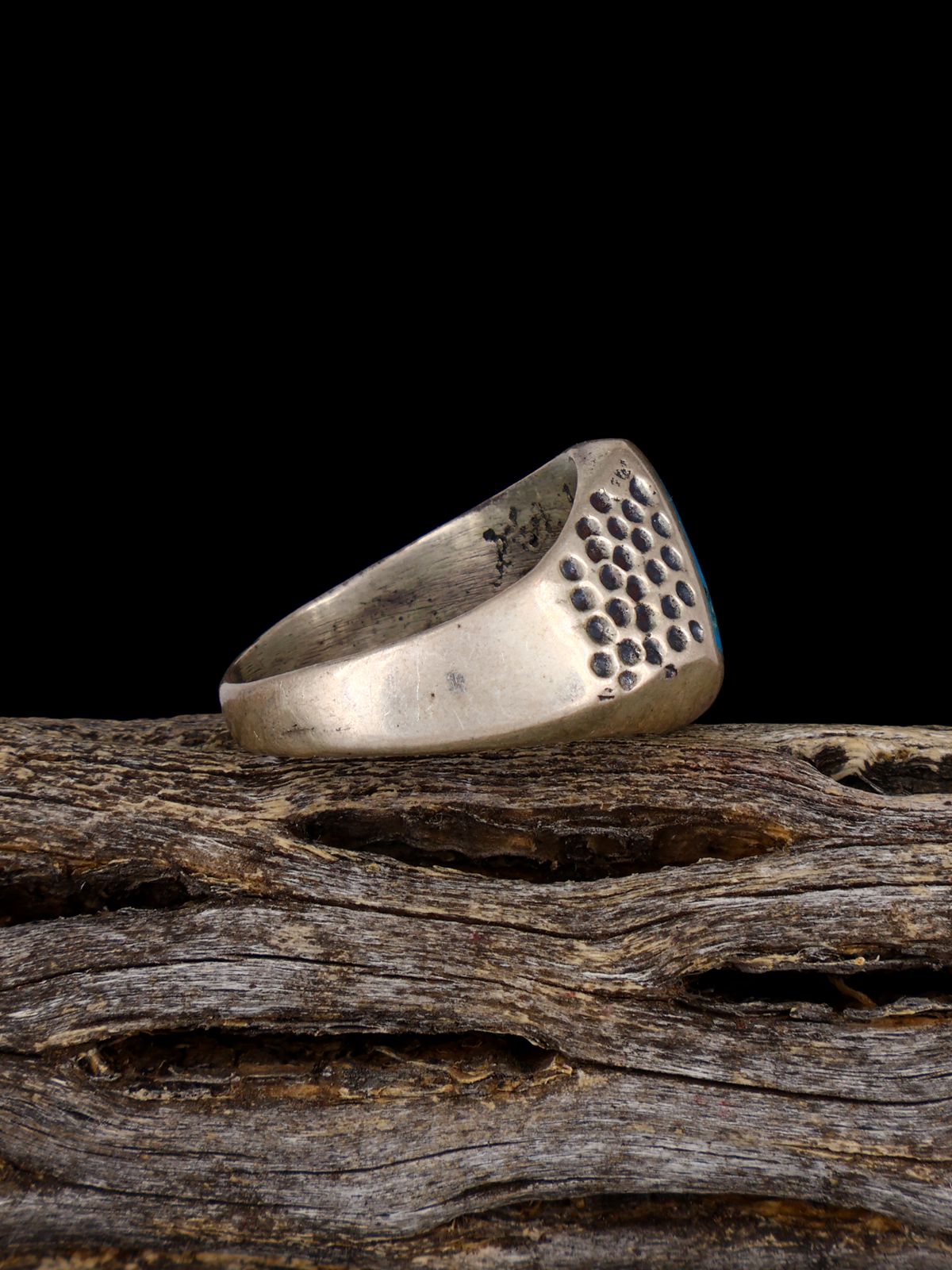 Old Sterling Silver Turquoise Inlay Ring, Size 7 1/2 - PuebloDirect.com