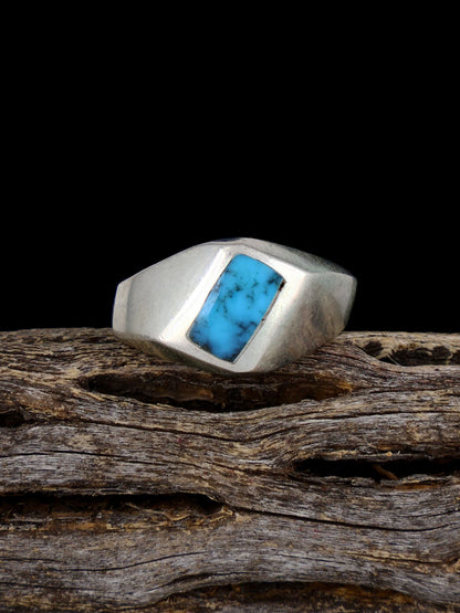 Old Sterling Silver Turquoise Inlay Ring, Size 7 3/4 - PuebloDirect.com