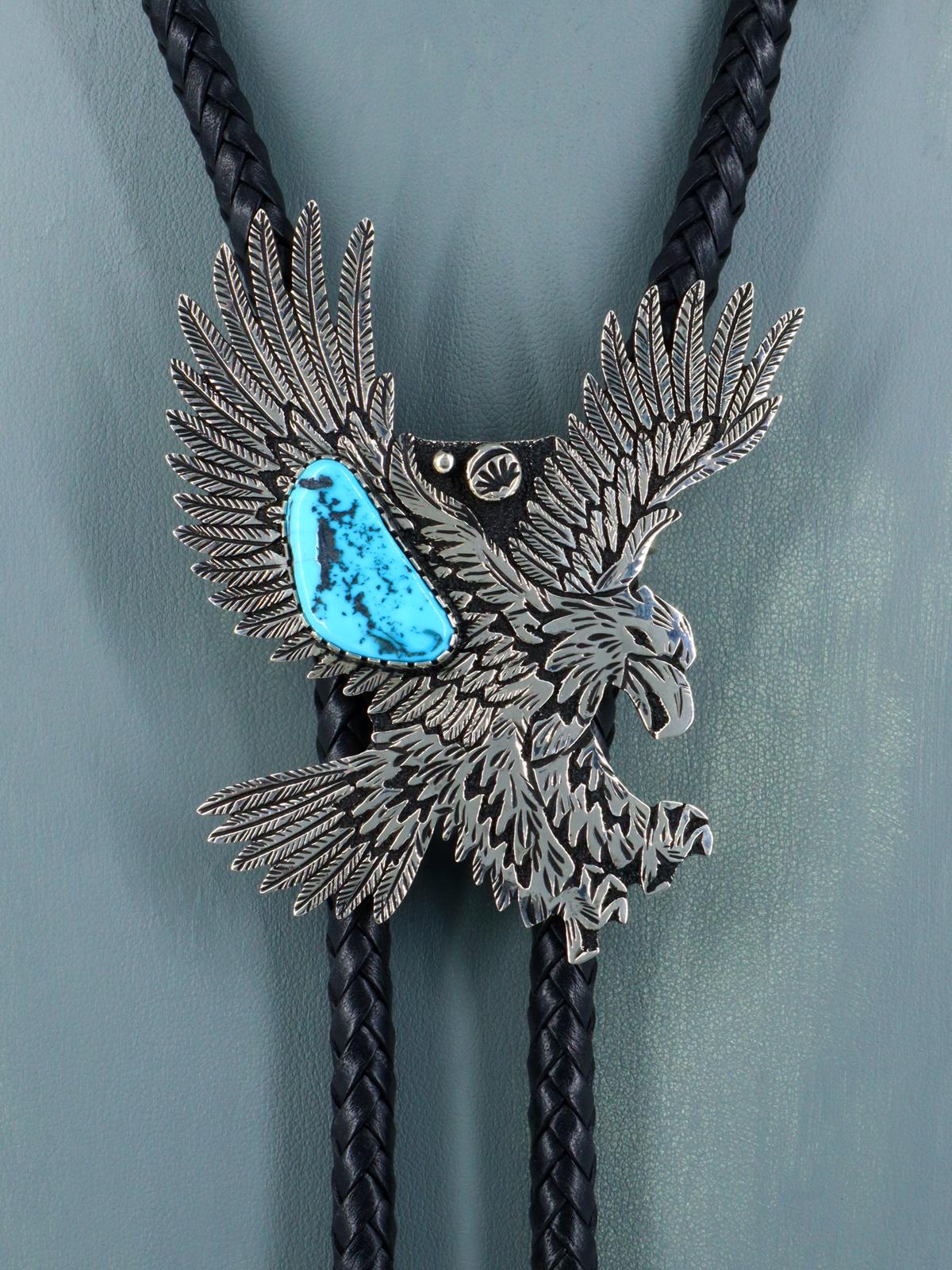 Native American Indian Sterling Silver Turquoise Bolo Tie - PuebloDirect.com