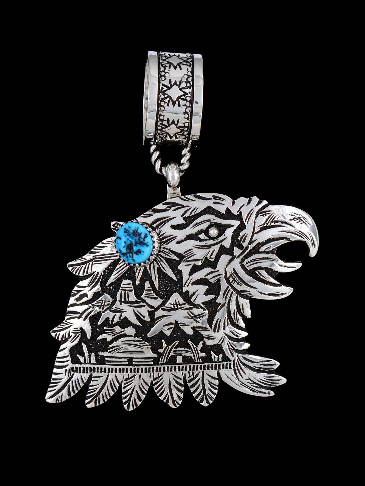 Large Native American Sterling Silver Overlay Eagle Pendant - PuebloDirect.com