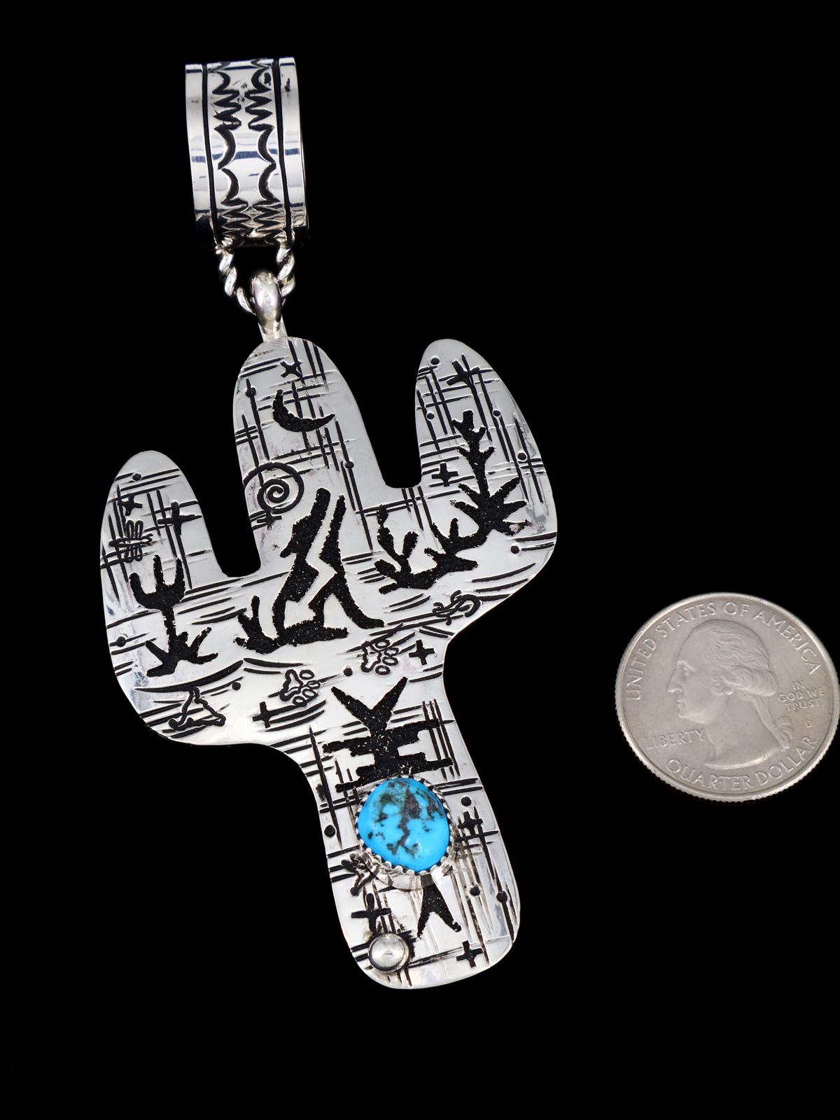 Native American Sterling Silver Turquoise Cactus Pendant - PuebloDirect.com