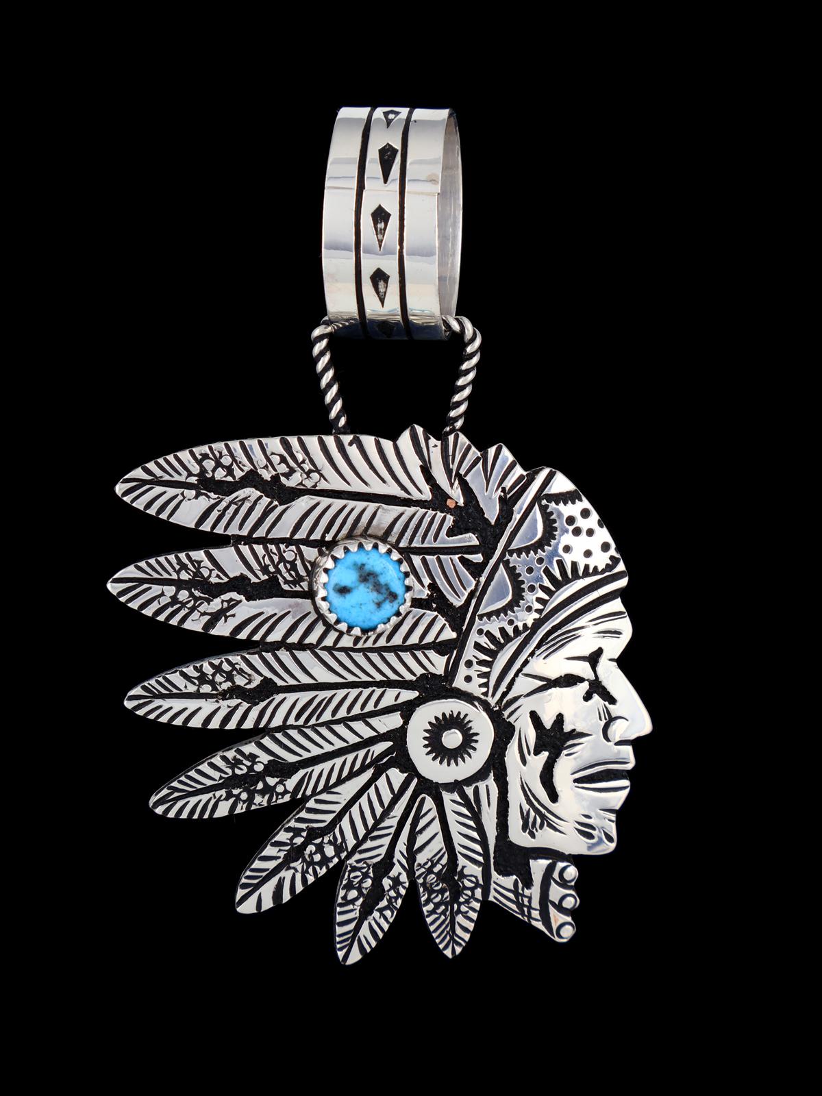 Native American Sterling Silver Turquoise Chief's Head Pendant