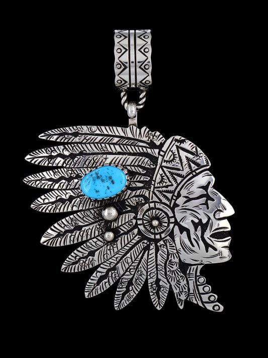 Large Native American Sterling Silver Overlay Chief Pendant