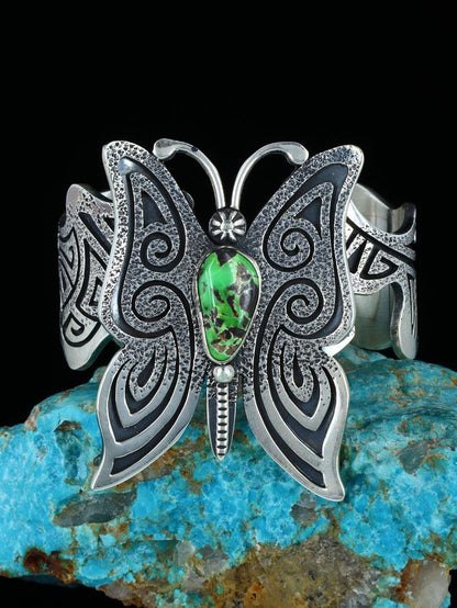 Navajo Carico Lake Turquoise Butterfly Sterling Silver Cuff Bracelet - PuebloDirect.com