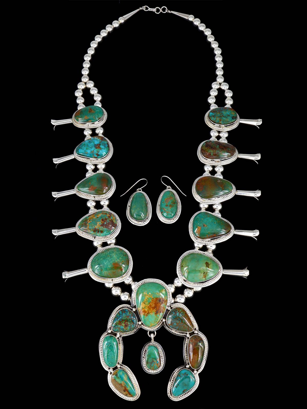 Native American Sterling Silver Turquoise Mountain Squash Blossom Necklace Set - PuebloDirect.com