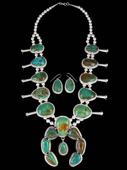Native American Sterling Silver Turquoise Mountain Squash Blossom Necklace Set - PuebloDirect.com