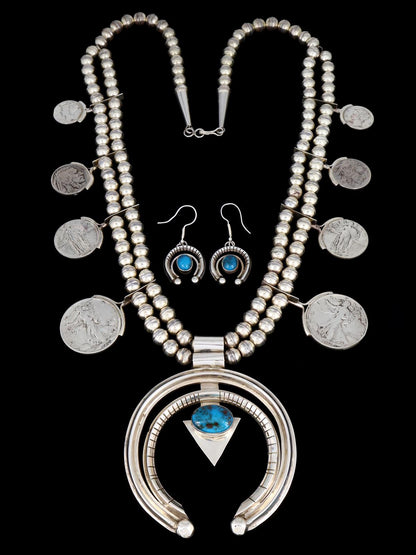 Estate Navajo Natural Bisbee Turquoise Sterling Silver Squash Blossom Necklace Set - PuebloDirect.com