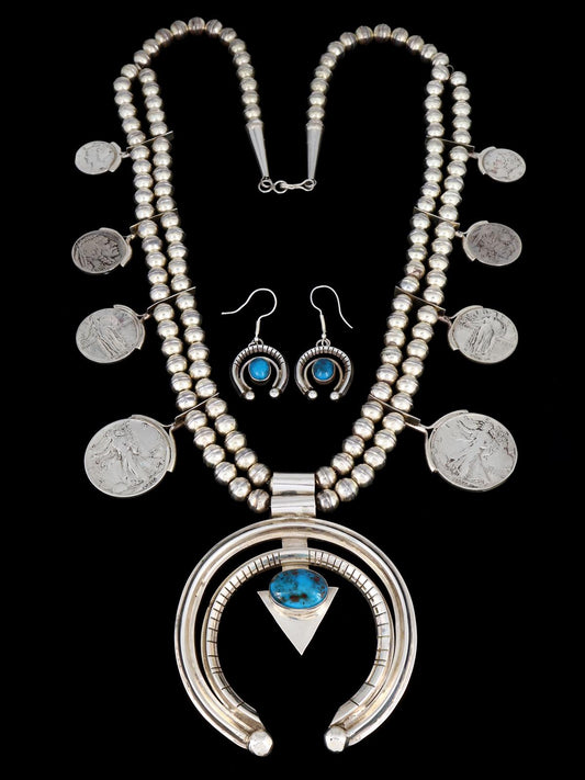 Estate Navajo Natural Bisbee Turquoise Sterling Silver Squash Blossom Necklace Set - PuebloDirect.com