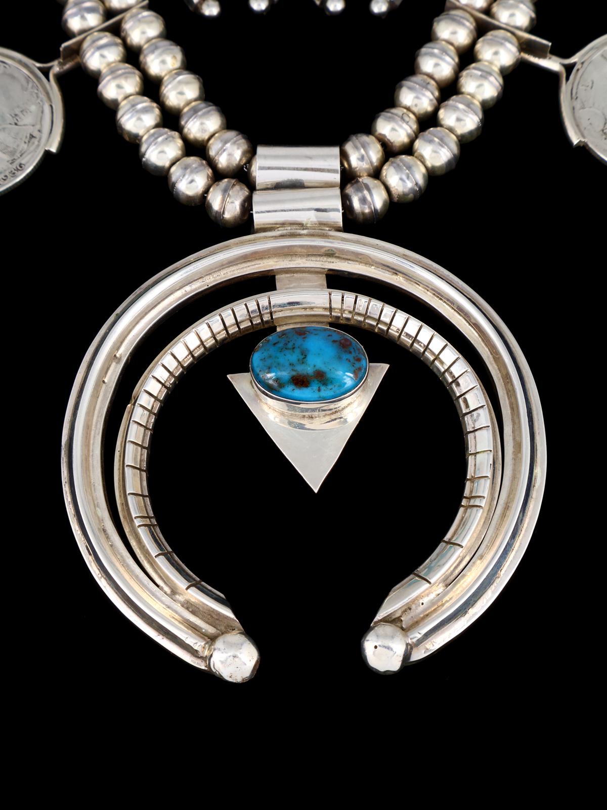 Estate Navajo Natural Bisbee Turquoise Sterling Silver Squash Blossom Necklace Set - PuebloDirect.com