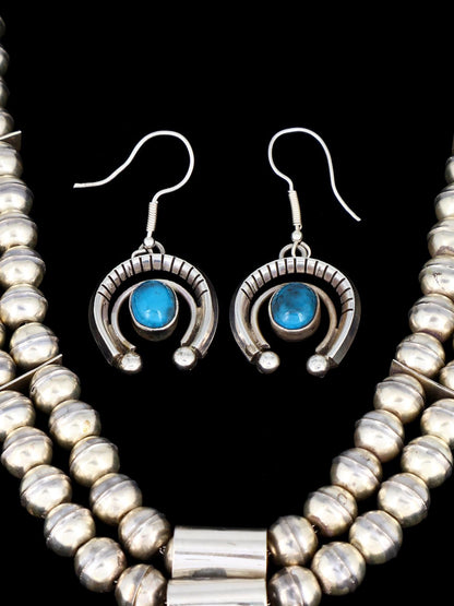 Estate Navajo Natural Bisbee Turquoise Sterling Silver Squash Blossom Necklace Set - PuebloDirect.com