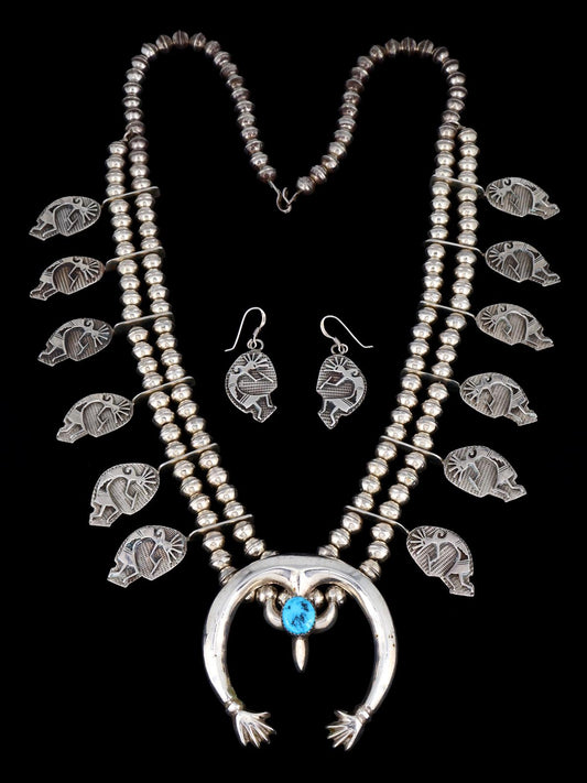 Estate Navajo Sleeping Beauty Turquoise Sterling Silver Squash Blossom Necklace Set - PuebloDirect.com