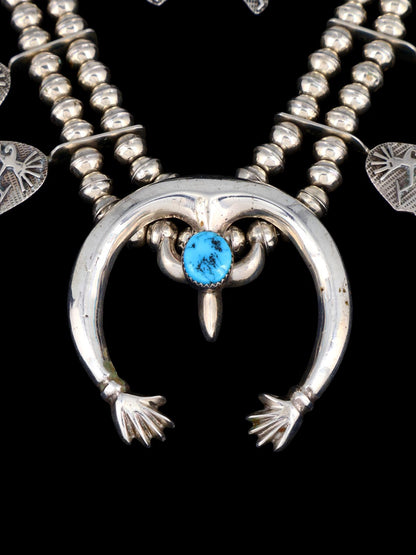 Estate Navajo Sleeping Beauty Turquoise Sterling Silver Squash Blossom Necklace Set - PuebloDirect.com