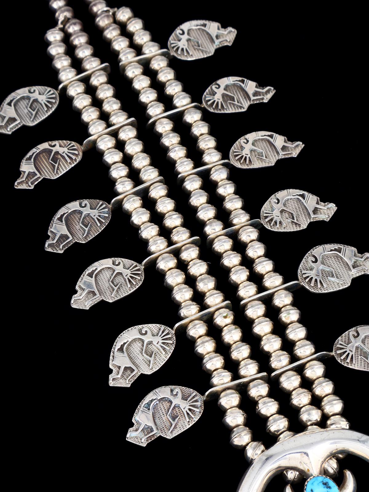 Estate Navajo Sleeping Beauty Turquoise Sterling Silver Squash Blossom Necklace Set - PuebloDirect.com