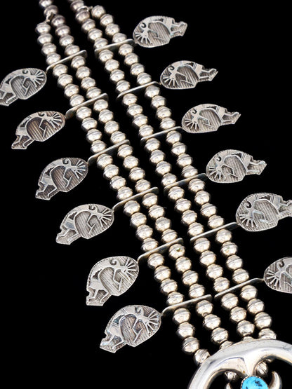 Estate Navajo Sleeping Beauty Turquoise Sterling Silver Squash Blossom Necklace Set - PuebloDirect.com