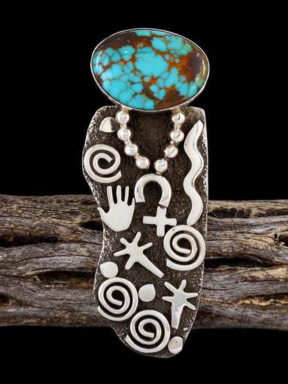 Navajo Kingman Turquoise Petroglyph Ring, Size 8 - PuebloDirect.com