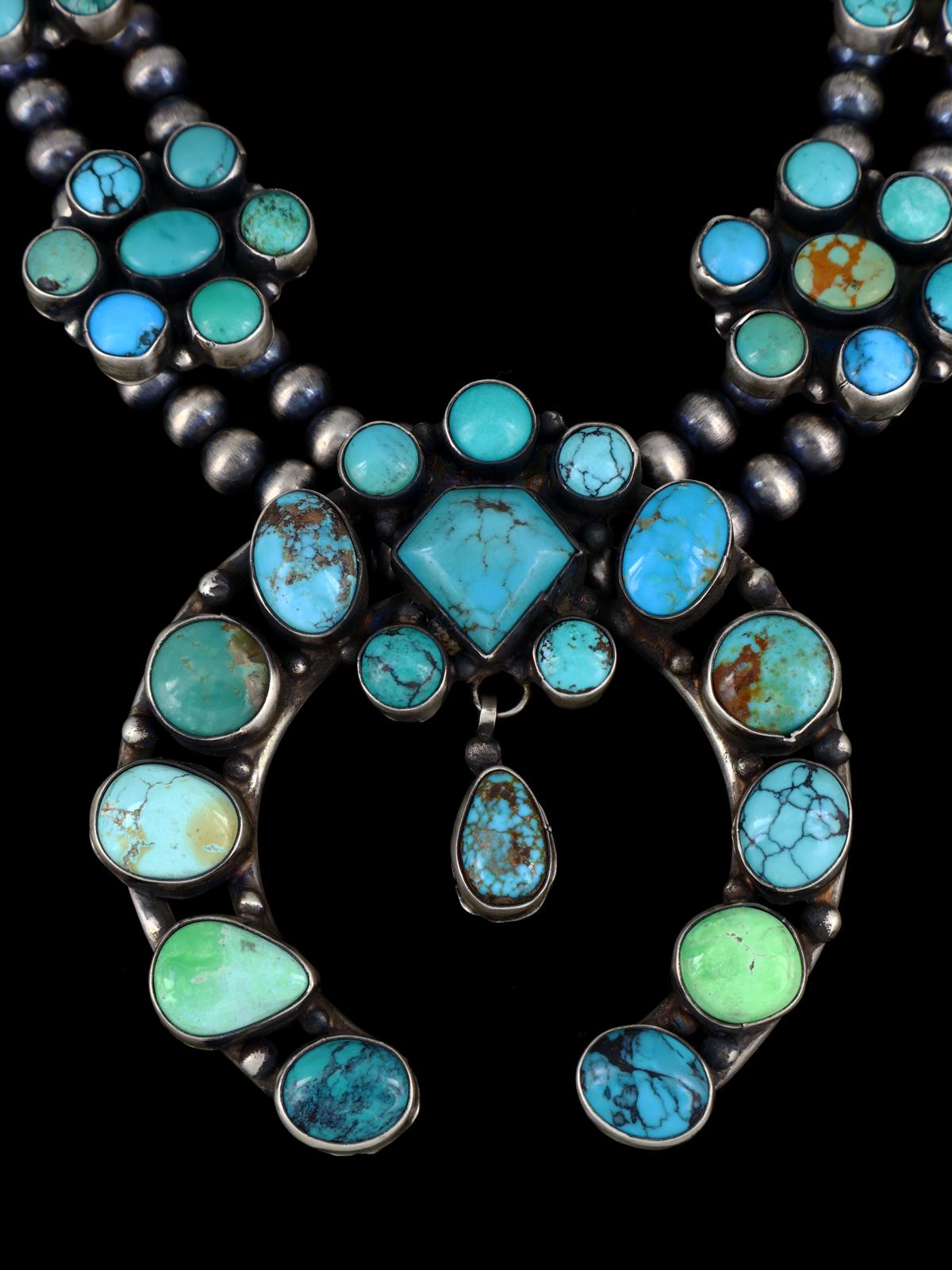 Navajo Turquoise Sterling Silver Squash Blossom Necklace - PuebloDirect.com