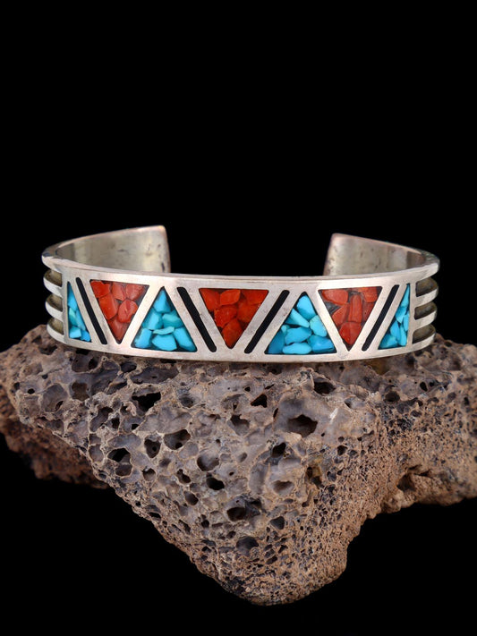 Vintage Estate Sterling Silver Turquoise and Coral Chip Inlay Cuff Bracelet - PuebloDirect.com