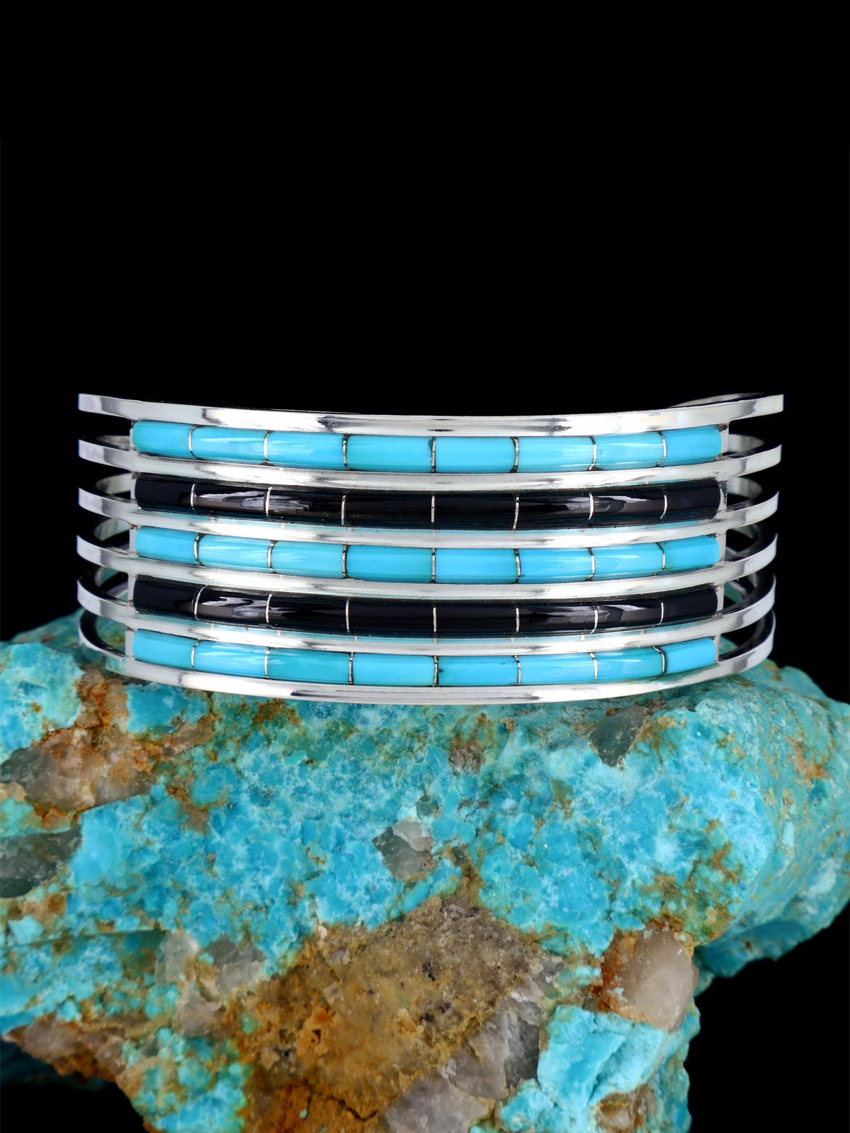 Native American Zuni Turquoise and Jet Inlay Bracelet - PuebloDirect.com