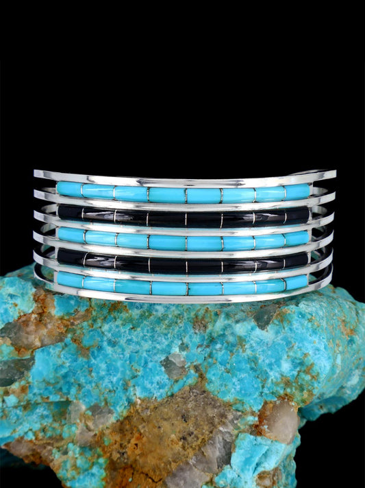 Native American Zuni Turquoise and Jet Inlay Bracelet - PuebloDirect.com