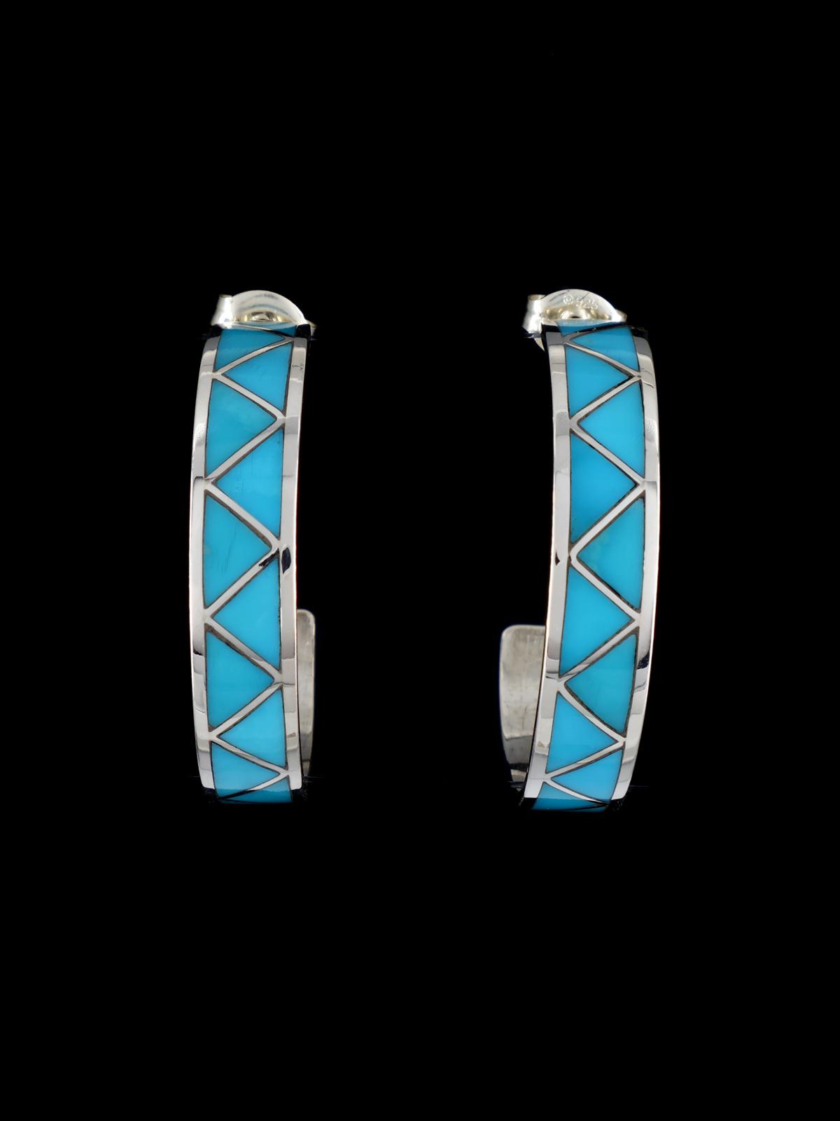 Zuni Sterling Silver Turquoise Inlay Hoop Post Earrings - PuebloDirect.com